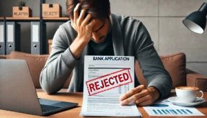 A frustrated business owner looking at a rejected bank application for a high-risk industry